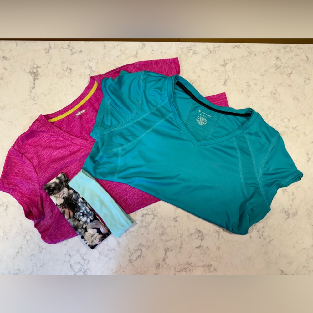 2 gently used Women’s workout shirts - free headbands!
